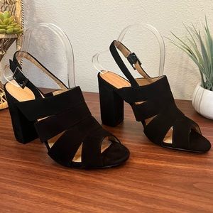 Halogen Black Suede Cage Raven Sandal Open Toe Heels Chunky Heels